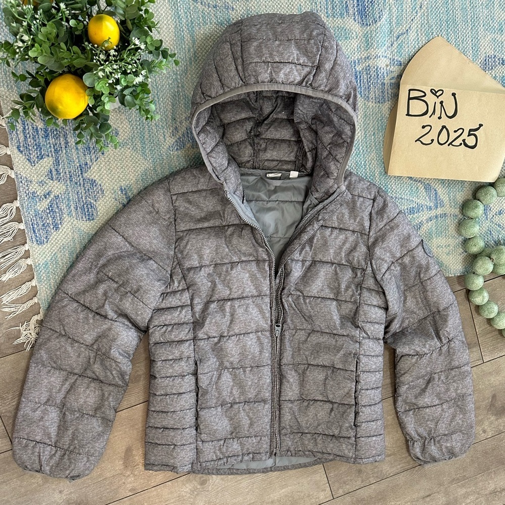 Gap Kids Girls XXL Hooded Zip Puffer Coat Jacket Gray Metallic with Pockets